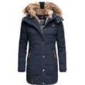 Wintermantel MARIKOO "Lieblings Jacke" Gr. XS (34), blau, Damen, Oberstoff: 100% Polyester, Futter: 100% Polyester, Wattierung: 100% Polyester, Ärmelfutter: 100% Polyester, Kunstpelz: 90% Polyacryl, 10% Polyester, Mäntel, stylischer Winter Steppmantel m. Kunstpelz-Kapuze