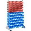 Ständerregal zweiseitig, B 1130 x T 700 x H 1885 mm, 120 x 0,7 l, rot + 84 x 3 l, blau