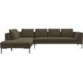 Ecksofa FLEXLUX "Loano, superbequemer Sitzkomfort durch Kaltschaum im Sitz, L-Form", braun (camel braun), Sofas, B/H/T: 319cm x 86cm x 230cm, Lederoptik, lange Ottomane links, 100% Polyester modernes Sofa, frei im Raum stellbar, lose Kissen, hoher Fuß