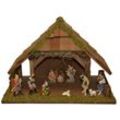 Krippe ALFRED KOLBE "Krippenstall", braun, B:47cm H:25cm T:28cm, Holz, Weihnachtskrippen, mit 12 cm Poly-Figuren 12tlg.