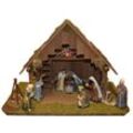 Krippe ALFRED KOLBE "Krippenstall ohne Trafo", braun, B:50cm H:34cm T:30cm, Holz, Weihnachtskrippen, mit Laterne, Lagerfeuer, Hackstock