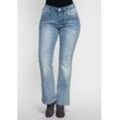 Bootcut-Jeans SHEEGO BY JOE BROWNS "Große Größen", Damen, Gr. 21, Kurzgrößen, blau (light blau denim), Obermaterial: 70% Baumwolle, 28% Polyester, 2% Elasthan, unifarben, casual, lang, Jeans, mit Pailletten am Bund