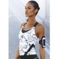 Funktionsshirt LASCANA ACTIVE "White Marble", Damen, Gr. 32/34, schwarz (weiß, marmoriert, schwarz), Obermaterial: 85% Polyester, 15% Elasthan, gemustert, sportlich, taillenbedeckt, Shirts, mit gekreuzten Trägern