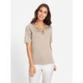 T-Shirt HEINE "Shirt", Damen, Gr. 34, beige (sand), 90% Polyamid, 10% Elasthan, unifarben, V-Ausschnitt, Kurzarm, Shirts