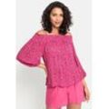 Carmenbluse LASCANA Gr. 32/34, pink (pink, rosa bedruckt), Damen, Obermaterial: 100% Viskose, bedruckt, Blusen, in leichter Crinkle-Optik, Damenbluse, schulterfrei