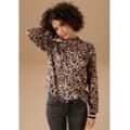 Langarmshirt ANISTON CASUAL Gr. 34, bunt (hellbraun, braun, schwarz, sand, weiß, rot) Damen Shirts mit trendigem Animal-Print und gestreiften Bündchen