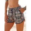 Strandshorts S.OLIVER, Damen, Gr. 34, N-Gr, blau (marine, bedruckt), Jersey, Obermaterial: 100% Viskose, modisch, normal kurz, Hosen, mit Ethnodruck und Taschen, elastischer Gummizugbund, kurze Hose