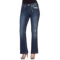 Bootcut-Jeans SHEEGO BY JOE BROWNS "Große Größen", Damen, Gr. 22, Kurzgrößen, blau (dunkelblau denim), Obermaterial: 70% Baumwolle, 28% Polyester, 2% Elasthan, unifarben, casual, lang, Jeans, mit Pailletten am Bund