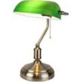 Grüne Banker-Lampe – Vintage-Retro-Nachttischlampe – Notar, Anwalt, Bibliothek – E27-Sockel – Opalglas – Kettenschalter – 38 cm – Bronzesockel