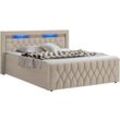 Juskys - Boxspringbett Leona 140x200 cm - Bett mit led Beleuchtung, Topper & H4 Federkern Matratzen - Einzelbett Beige mit Samt und Steppung