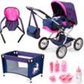 Kombi-Puppenwagen BAYER "Grande, blau/pink", bunt (blau, pink), Puppenwagen, KinderB:43cm H:75cm T:77cm, Kunststoff, Stoff, Metall, mit Reisebett, Schnuller, Geschirr und Pflegeprodukten, B:43cm H:75cm T:77cm