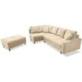 Ecksofa mit Hocker North - Schlaffunktion & Bettkasten - Eckcouch 260x260 cm mit Samtstoff - Ottomane links freistehend - Beige - Beige - Graingold