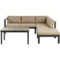 Lounge Set Schwarz Aluminium mit Auflagen Sandbeige Stoff Skandi Modern 5-Sitzer Ecksofa Tisch Ottomane Terrasse Garten Möbel