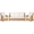 Lounge Set Naturfarben Rattan 3-Teilig Geflochten Sofa u. 2 Sessel mit Kissen Cremeweiß Boho Design Outdoor Indoor Garten Terrasse Rattanmöbel