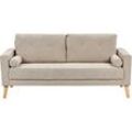 2-Sitzer Sofa Taupe Stoffbezug mit Schmalen Armlehnen 2 Nackenrollen Helle Holzbeine Knopfheftung Lose Rückenkissen Freistellbar Wohnzimmer