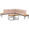 HHG - Garten-Garnitur 215c, Lounge-Set, Beistelltisch Spun Poly Akazie Holz Stahl hellbraun, Kissen beige