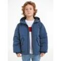 Steppjacke TOMMY HILFIGER "MONOTYPE PADDED PUFFER JACKET" Gr. 12 (152), blau (aegean sea) Jungen Jacken Kinder bis 16 Jahre, mit Kapuze, Gummizug am Ärmel