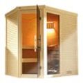 Sauna WEKA "Massivholzsauna CUBILIS ECK 1", beige (natur), Saunaofen, integrierte Steuerung, 5,4 kW, Saunen, Blockbohlen im wekaLine-Profil, Fensterelement, Ganzglastür