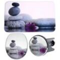 Badaccessoire-Set SANILO "Energy Stones", lila (lila, grau), Holz, Polyester, Kunststoff, Badaccessoires-Sets, bestehend aus WC-Sitz, Badteppich und Waschbeckenstöpsel