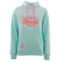 Sweatshirt ZWILLINGSHERZ Gr. LXL, blau (türkis) Damen Sweatshirts mit neonfarbenen Kordeln und aufgesticktem "Strand"-Schriftzug