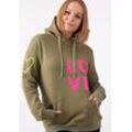 Kapuzensweatshirt ZWILLINGSHERZ Gr. L/XL, grün (khaki) Damen Sweatshirts mit gesticktem Neon Smiley und Kordel Schriftzug