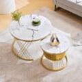 Okwish - Moderner Satz-Couchtisch, Hochglanz-Couchtisch-Set, Sofa-Beistelltische aus Marmorfurnier, runde Beistelltische, 2er-Set, goldfarbener Rahmen