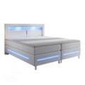 Juskys Boxspringbett Norfolk 200 x 200 cm – LED Beleuchtung, Bonell-Matratzen & Topper - Weiß