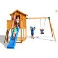 Spielturm 'My House Move+' teak mit Rutsche, Doppelschaukel, Haus mit Holzdach, Leiter, Griffe - Fungoo