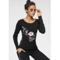 Longsleeve KANGAROOS, Damen, Gr. 52/54 (XXL), schwarz, Rippware, Obermaterial: 100% Baumwolle, bedruckt, casual, sehr figurbetont hüftbedeckend, Rundhals, Langarm, Shirts, Langarm, sehr figurbetonter Schnitt, mit Print