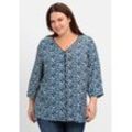 Shirtbluse SHEEGO "Große Größen", Damen, Gr. 40, blau (tiefblau gemustert), Obermaterial: 100% Viskose (LENZING ECOVERO), gemustert, feminin, figurumspielend normal, Blusen, mit Smok- und Kontrastdetails