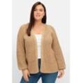 Strickjacke SHEEGO "Große Größen", Damen, Gr. 44/46, braun (cappuccino meliert), Obermaterial: 50% Baumwolle, 50% Polyacryl, unifarben, feminin, figurumspielend normal, Langarm, Strickjacken, in leichter A-Linie und offener Form