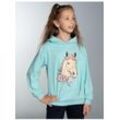 Kapuzensweatshirt TRIGEMA "TRIGEMA Hoodie mit großem Pferde-Printmotiv" Gr. 104, blau (gletscher), Kinder, 50% Baumwolle, 50% Polyester, Sweatshirts