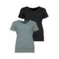 T-Shirt H.I.S Gr. 44/46, grün (schwarz, petrol, geringelt), Damen, Single Jersey, Obermaterial: 87% Polyester, 13% Elasthan, Shirts, Kurzarm, figurumspielende Passform, aus elastischem Single-Jersey