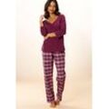 Pyjama VIVANCE DREAMS, Damen, Gr. 40/42, rot (bordeaux), Single Jersey, Obermaterial: 100% Baumwolle, kariert, Basic, lang, V-Ausschnitt, 3/4-Ärmel eingesetzt, Homewear-Sets, mit karierter Hose