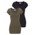 T-Shirt FLASHLIGHTS, Damen, Gr. 32/34 (XS), grün (khaki, schwarz), Feinripp, Obermaterial: 100% Baumwolle, unifarben, Basic, sehr figurbetont Po-bedeckend, Rundhals, Kurzarm, Shirts, figurbetonter Schnitt, unifarben, Rundhalsausschnitt