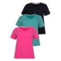 T-Shirt H.I.S "Essential-Basics", Damen, Gr. 44/46, bunt (schwarz, pink, türkis), Single Jersey, Obermaterial: 100% Baumwolle, unifarben, Basic, figurumspielend hüftlang, V-Ausschnitt, Kurzarm, Shirts, figurumspielender Schnitt, aus Baumwolle