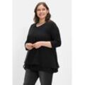 3/4-Arm-Shirt SHEEGO "Große Größen", Damen, Gr. 40/42, schwarz, Obermaterial: 95% Viskose, 5% Elasthan;Webteil: 100% Polyester, unifarben, elegant, figurumspielend normal, V-Ausschnitt, 3/4-Ärmel, Shirts, mit Chiffon-Oberteil