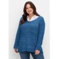 V-Ausschnitt-Pullover SHEEGO "Große Größen", Damen, Gr. 40/42, blau (blaubeere meliert), Grobstrick, Obermaterial: 65% Polyacryl, 35% Polyamid, unifarben, casual, figurumspielend lang, V-Ausschnitt, Langarm, Pullover, aus Bändchengarn, mit Krempelärmeln