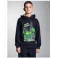 Sweatshirt TRIGEMA "TRIGEMA Hoodie mit großem Dino-Printmotiv" Gr. 104, blau (navy), Kinder, 70% Baumwolle, 30% Polyester, Sweatshirts