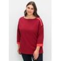 Sweatshirt SHEEGO "Große Größen", Damen, Gr. 40/42, rot (dunkelrot), Obermaterial: 100% Baumwolle, unifarben, casual, figurumspielend normal, U-Boot-Ausschnitt, 3/4-Ärmel, Sweatshirts, mit Zierknöpfen und Kontrastdetails