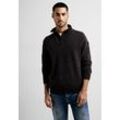 Strickpullover STREET ONE MEN, Herren, Gr. L (52), schwarz, Web, 100% Baumwolle, unifarben, casual, gerade hüftlang, hoch geschlossener Ausschnitt, Langarm Bündchen, Pullover, in Melange Optik