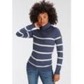 Rollkragenpullover KANGAROOS, Damen, Gr. 32/34 (XS), blau (marine, wollweiß), Strick, Obermaterial: 60% Baumwolle, 40% Polyacryl, gestreift, geringelt, casual, Basic schmal hüftbedeckend, Langarm Rippstrickbündchen, Pullover, in lässiger Form mit Kontraststreifen, Topseller