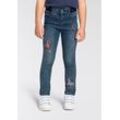 Stretch-Jeans KIDSWORLD "Basic Jeans mit toller Stickerei" Gr. 128, N-Gr, blau (blau, denim), Mädchen, Denim/Jeans, Obermaterial: 98% Baumwolle, 2% Elasthan, bedruckt, mehrfarbig, Jeans, schmale Beinform, mit verstellbarem Gummizug am Bund, lang