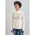 Strickpullover STREET ONE, Damen, Gr. 34, weiß (cream weiß melange), Web, 37% Baumwolle, 34% Polyacryl, 26% Polyester, 3% Elasthan, gestreift, casual, normal normal, hoch geschlossener Ausschnitt, Langarm Bündchen, Pullover, mit Stehkragen