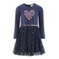 Jerseykleid HAPPY GIRLS Gr. 116, N-Gr, blau (navy), Mädchen, Obermaterial: 95% Baumwolle, 5% Elasthan. Obermaterial 2: 100% Polyester. Futter: 100% Polyester, bedruckt, Kleider