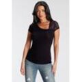 T-Shirt MELROSE, Damen, Gr. 34, schwarz, Jersey, Spitze, Obermaterial: 95% Viskose, 5% Elasthan. Spitze: 95% Polyester, 5% Elasthan, unifarben, feminin, sehr figurbetont hüftlang, asymmetrischer Ausschnitt, Kurzarm, Shirts, Kurzarm, feminin geschnitten, asymmetrischer Ausschnitt