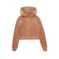 Kapuzennickijacke JUICY COUTURE "HERITAGE CROWN ROBYN HOODIE _ Damen", Damen, Gr. M, braun (cafe au lait), 51% BAUMWOLLE 27% VISKOSE 22% POLYESTER, slim fit, Langarm, Jacken, Trainingsjacke Damen, Sweatjacke mit Kapuze, Velour, mit Glitzer, Sale