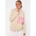 Hoodie ZWILLINGSHERZ Gr. L/XL, beige Damen Sweatshirts mit "Smile"-Aufdruck in Neonfarben und gestickte Smiley