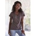 Kurzarmshirt LASCANA "mit Zierknopfleiste" Gr. 32/34, grau (taupe), Damen, Piquu00e9, Obermaterial: 69% Polyester (REPREVE), 28% Viskose, 3% Elasthan, unifarben, Shirts, aus weicher Piqué-Qualität