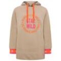 Sweatshirt ZWILLINGSHERZ Gr. SM, beige Damen Sweatshirts mit neonfarbenem Aufstick und Leo-Detail an der Kapuze